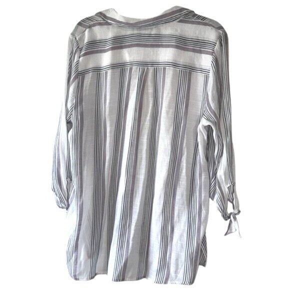 Fred David Womens Striped Button-Front Blouse With Tie Sleeves L White & Gray - Picture 7 of 8